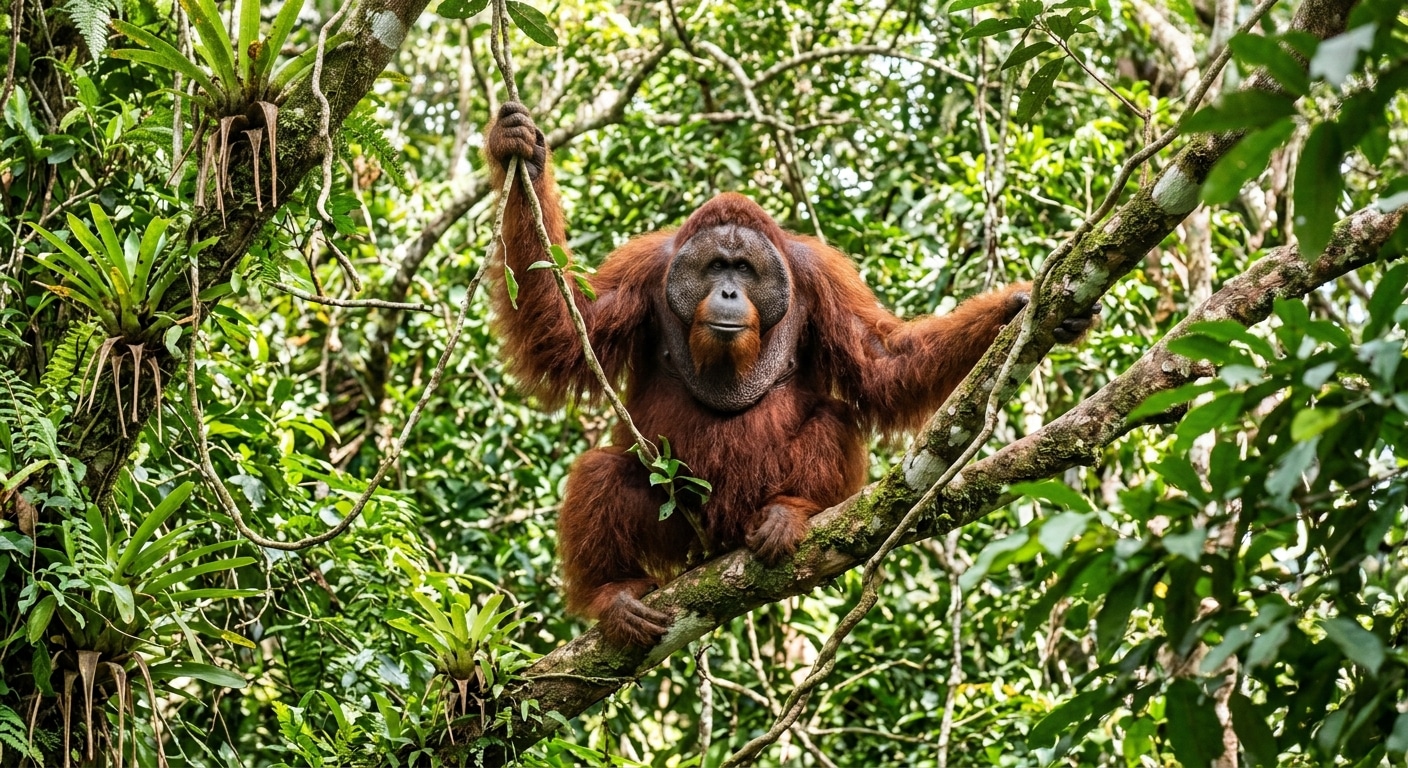 Orang outan Borneo mâle adulte dans la canopée, parc national de Tanjung Puting