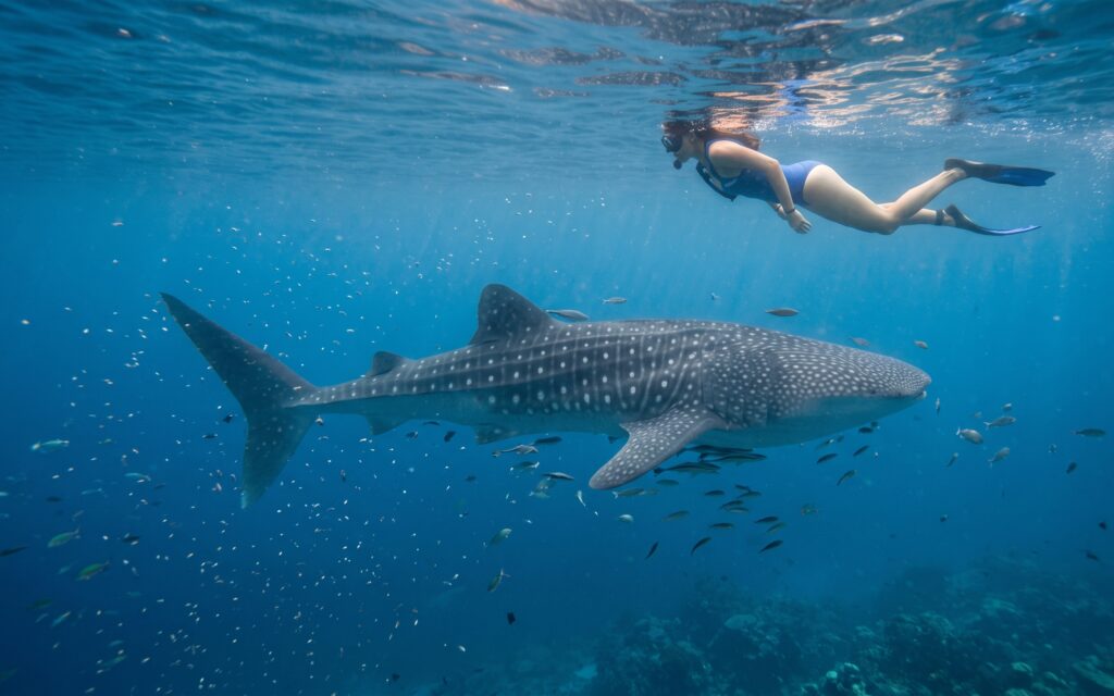 Sorkeling avec un requin baleine à Moyo à Sumbawa