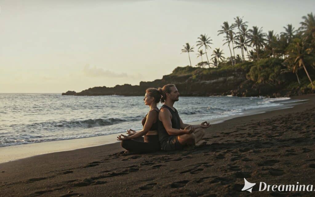 Voyageurs faisant du Yoga à Java, sur une plage